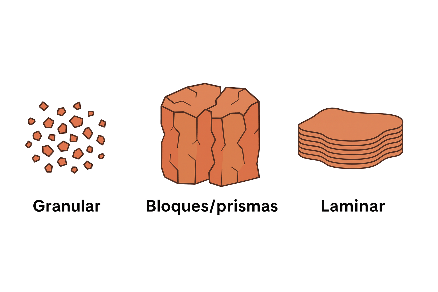Tipos de agregados del suelo: granular, bloques/prismas y laminar